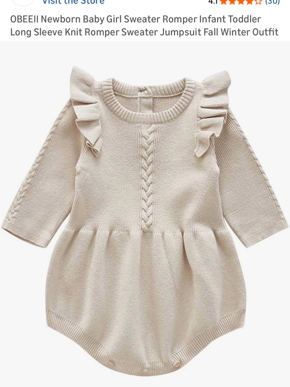 Cream Knit Baby Romper Dress with Ruffle Shoulders